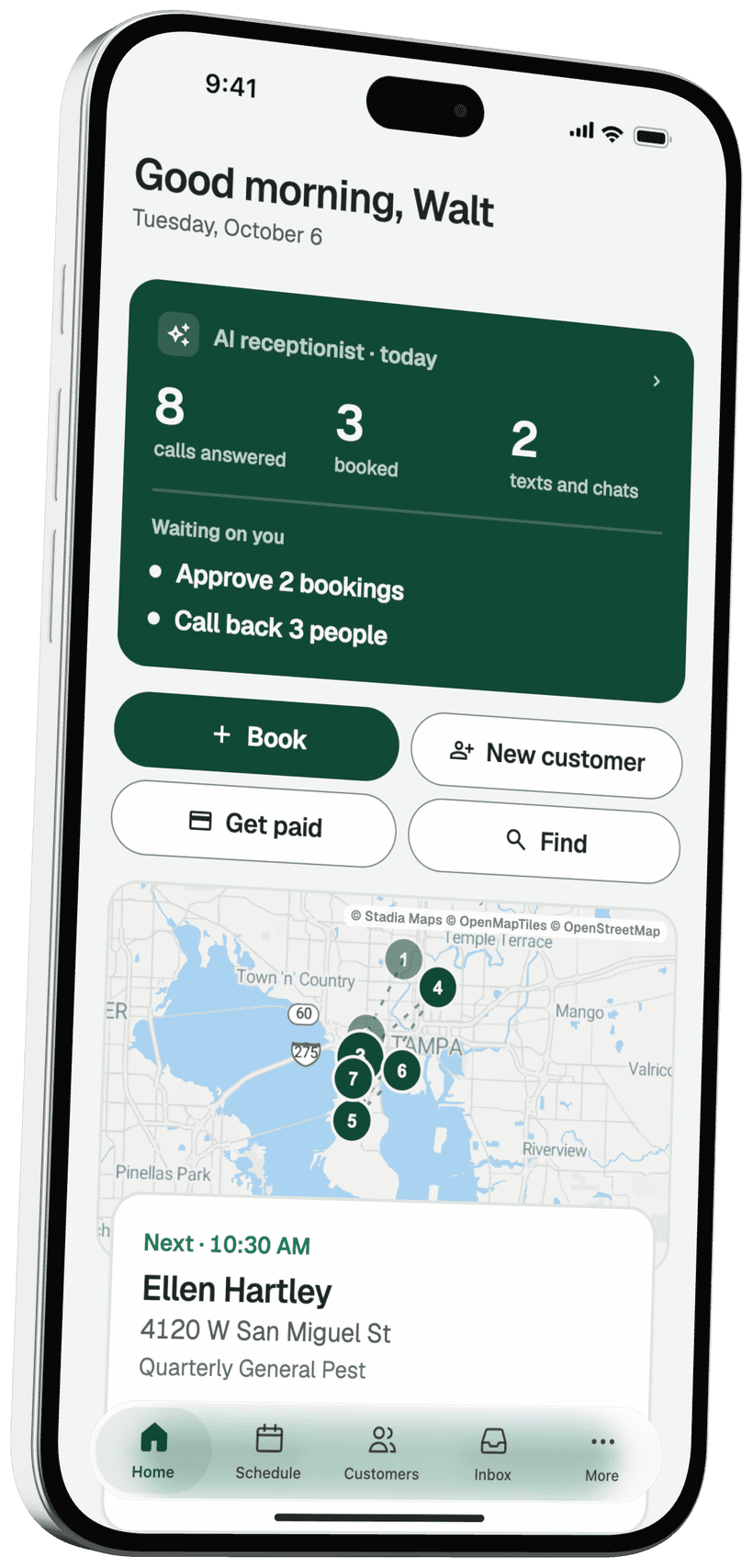 The PestLine AI app home screen on an iPhone: calls answered, jobs booked, what is waiting on you and the day's stops on a map