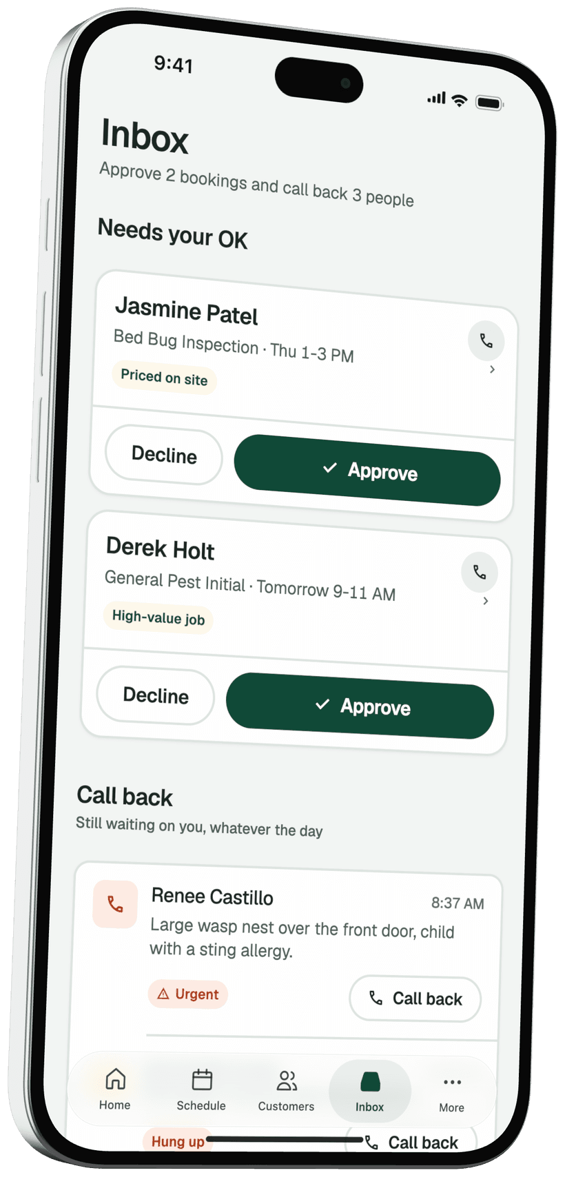 The PestLine AI app inbox on an iPhone: bookings the AI took, ready to approve in one tap, and callers to ring back