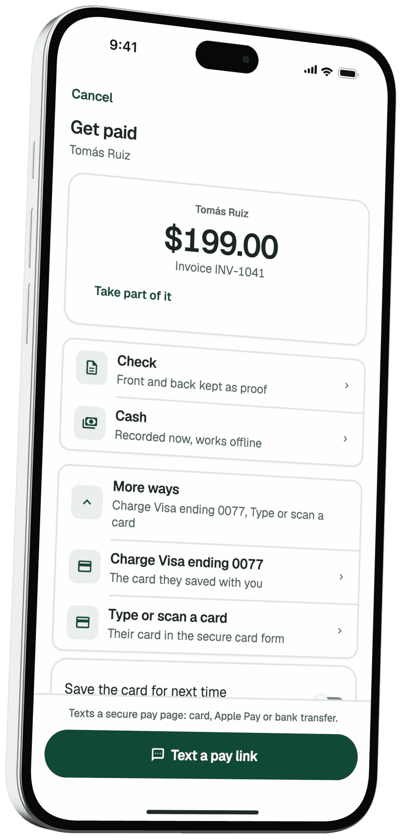 The PestLine AI app taking a payment on an iPhone: card, check or cash, logged on the spot