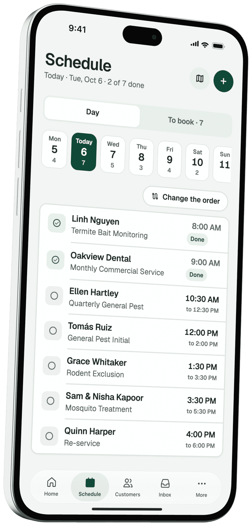 The PestLine AI app schedule on an iPhone: the day's visits in order, done ones checked off